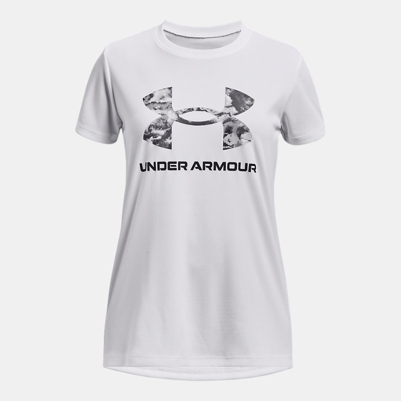Camiseta de manga corta Under Armour Tech™ Print Fill Big Logo para niña Blanco / Negro YSM (127 - 137 cm)